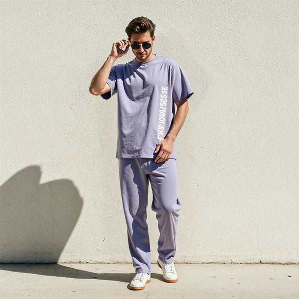 Men's Relaxed Fit Lavender Lounge Set with Bold Side Print