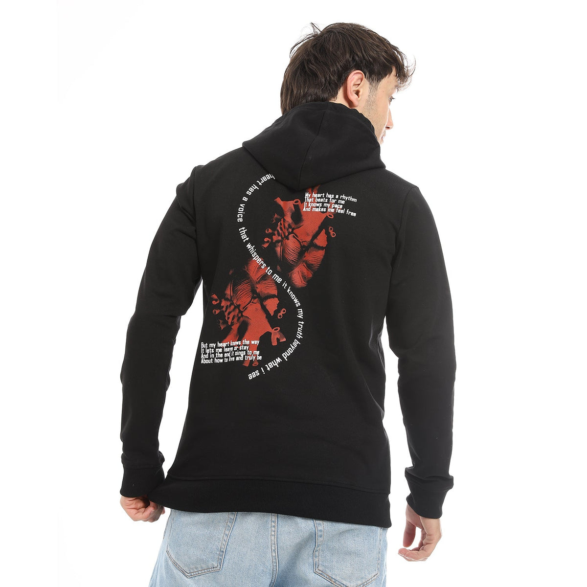 Red Cotton Hoodie With Printed "HEART" - Black - Red Cotton