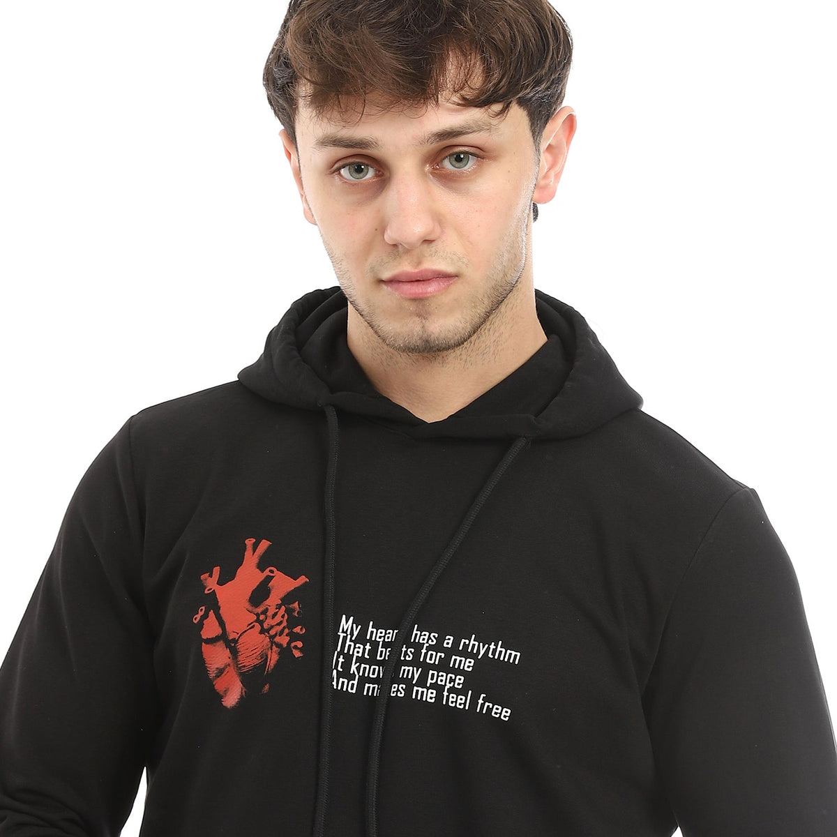 Red Cotton Hoodie With Printed "HEART" - Black - Red Cotton