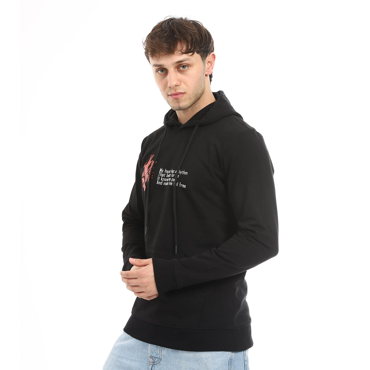 Red Cotton Hoodie With Printed "HEART" - Black - Red Cotton