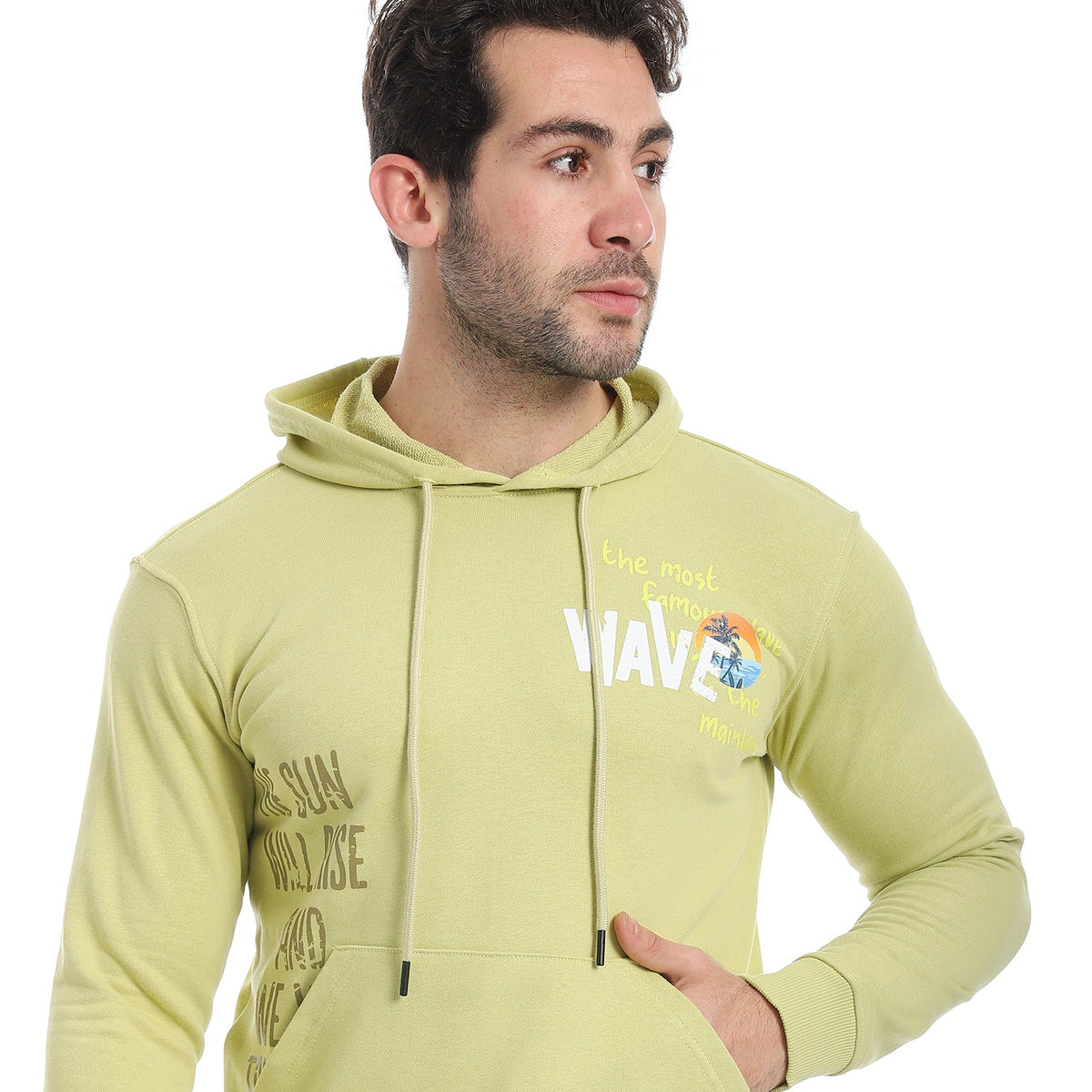 Red Cotton Hoodie With Printed -Lite Green - Red Cotton