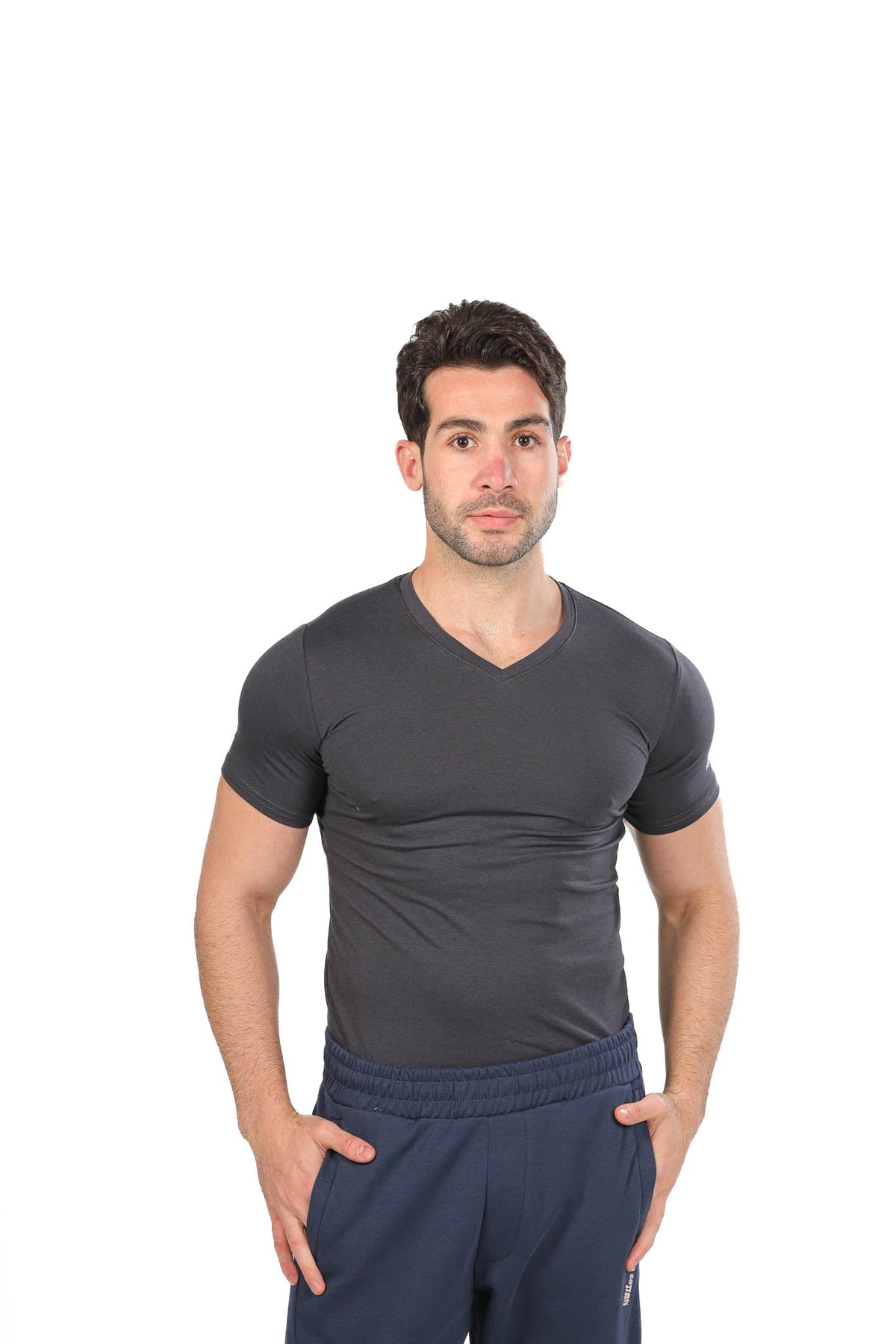 Red Cotton Short Sleeve Undershirt for Men V Neck - Gray - Red Cotton