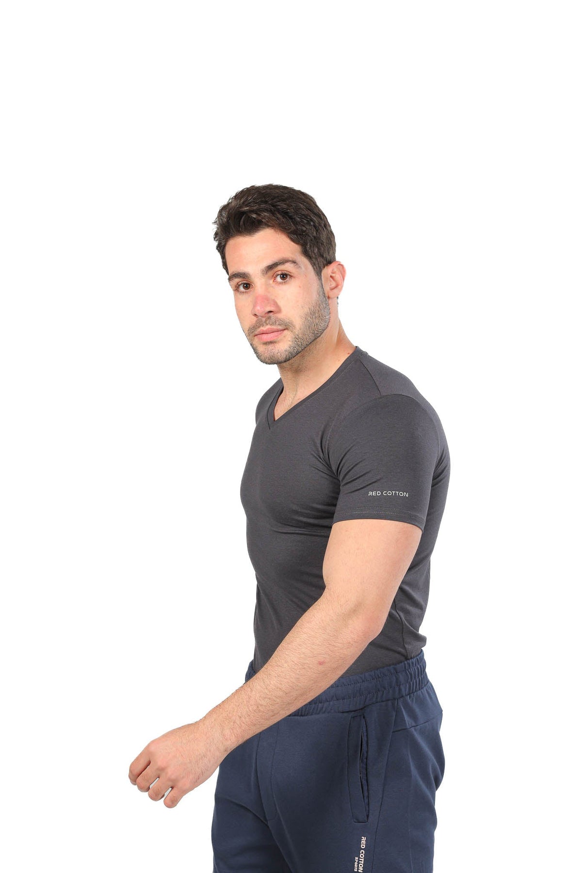 Red Cotton Short Sleeve Undershirt for Men V Neck - Gray - Red Cotton