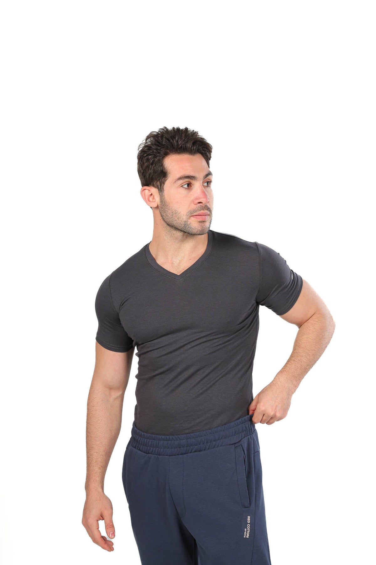Red Cotton Short Sleeve Undershirt for Men V Neck - Gray - Red Cotton