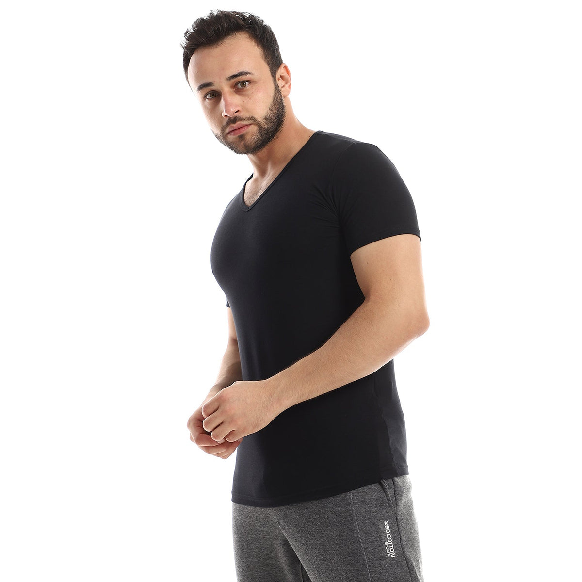Short Sleeve Undershirt For Men V Neck - Red Cotton