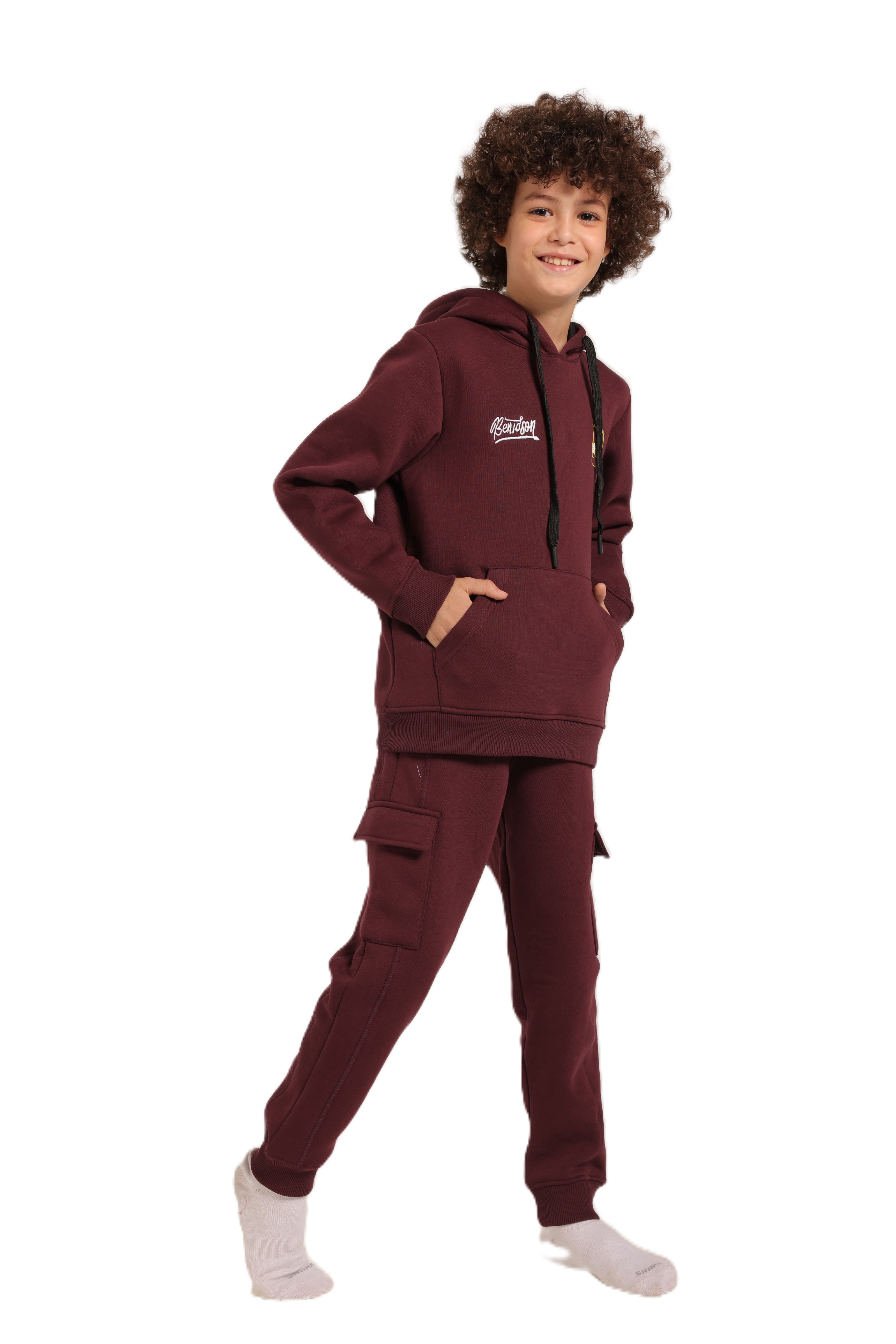 Boys’ Maroon Hoodie Pajama Set with Cartoon Back Print
