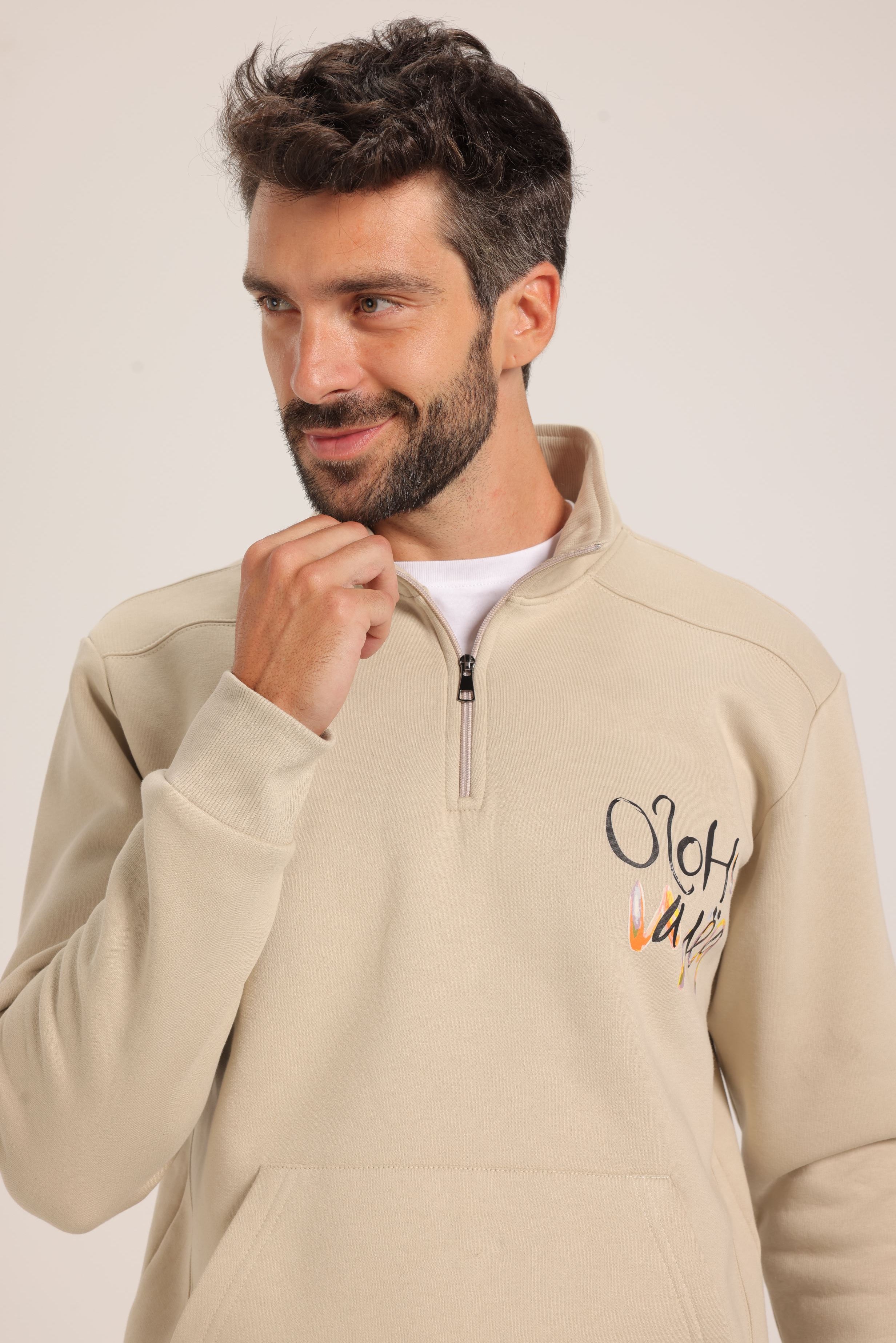 Men’s Casual Beige Sweatshirt – Half-Zip with Unique Print