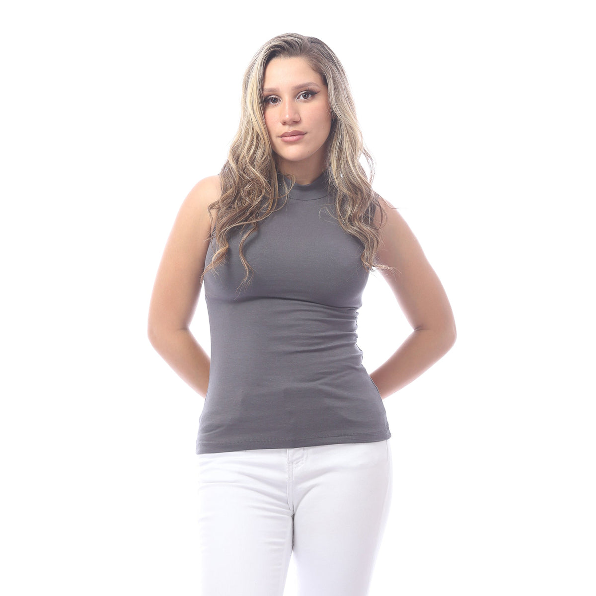 Women Basic Shirt, High Neck, Sleeveless - Red Cotton