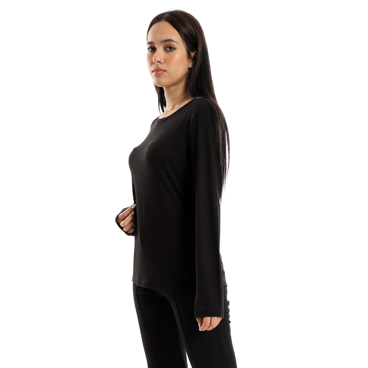 Women Basic Shirt, Round Neck, Long Sleeve - Red Cotton