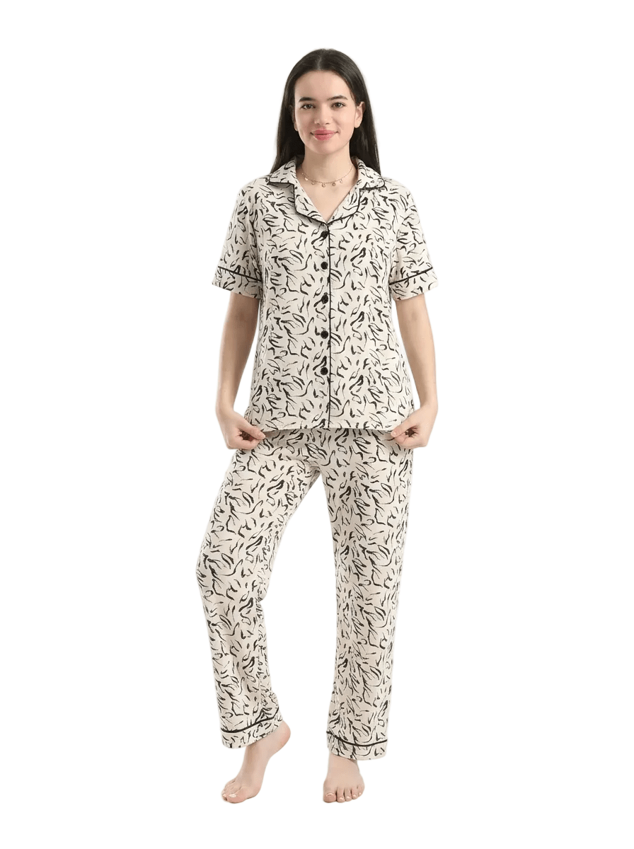 Women Elegant Button-Down Pajama Set - Red Cotton