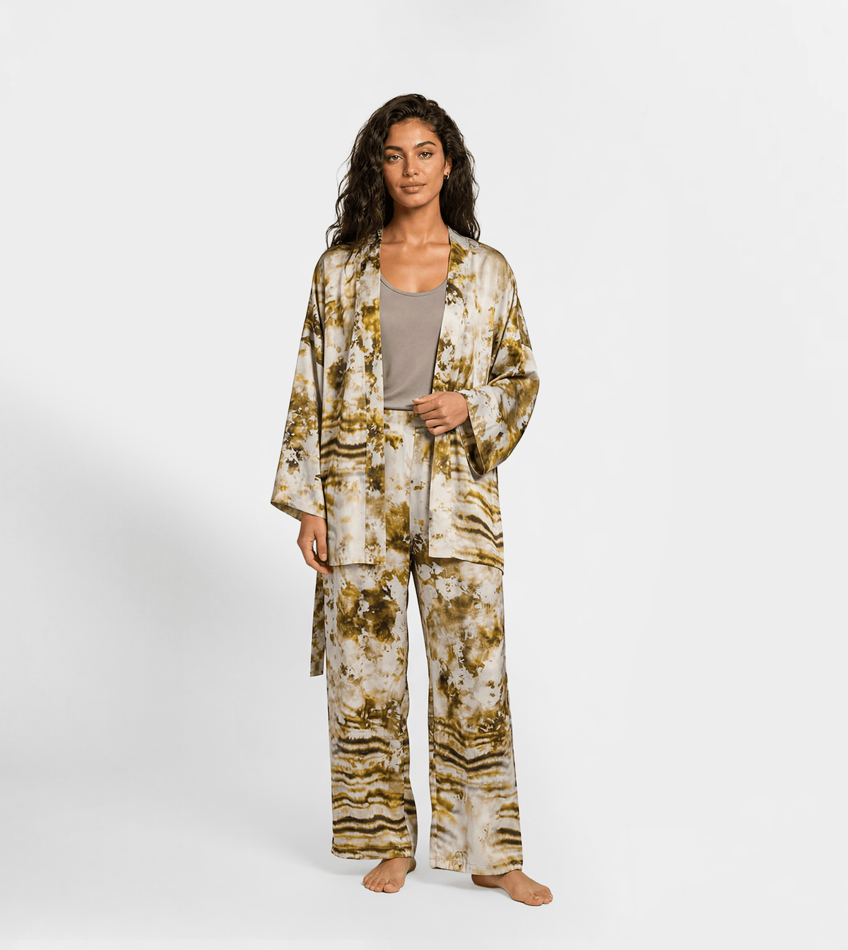 Women Kimono Cardigan & Wide Leg Pants Lounge Set - Red Cotton