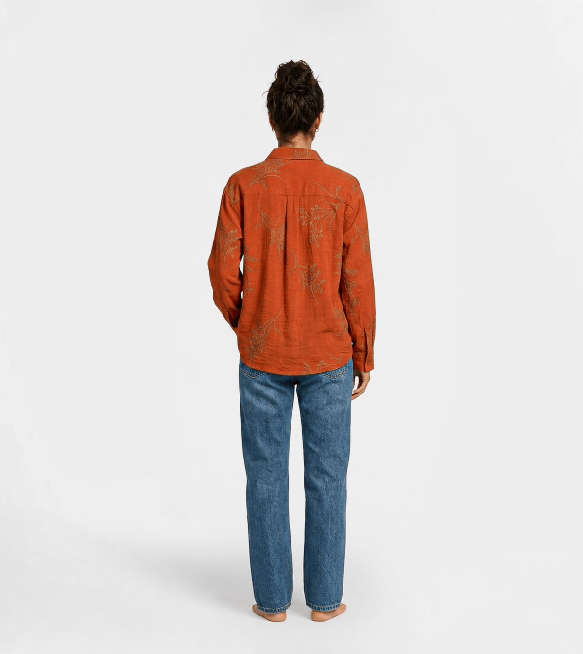 Women Long-Sleeve Embroidered Shirt in Burnt Orange - Red Cotton