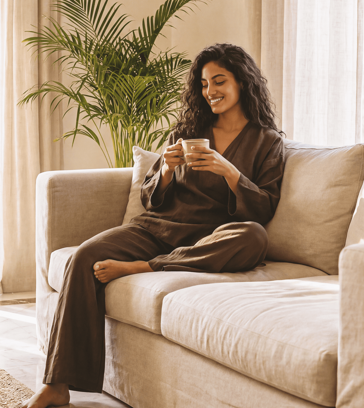 Women Lounge Set Wide-Legs Linen in Rich Brown - Red Cotton