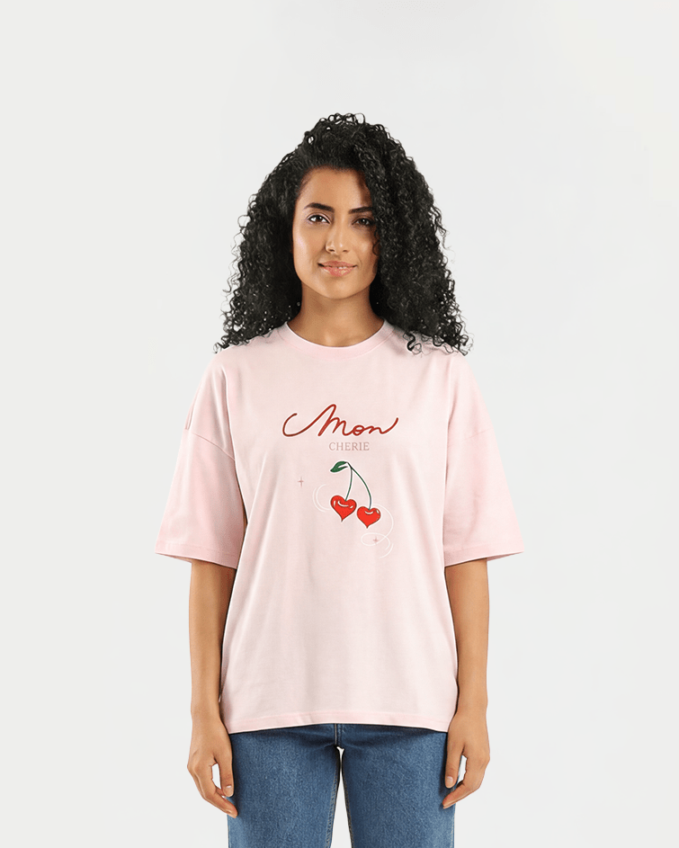 Women "Mon Cherie" Oversized Graphic Tee - Red Cotton