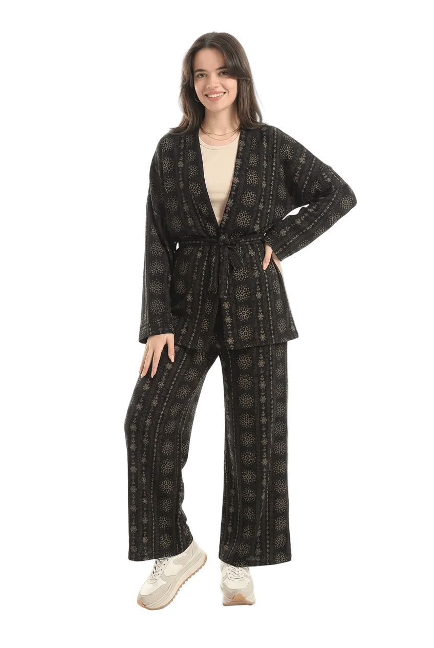 Women Set Belted Kimono Top & Wide-Leg Pants - Red Cotton