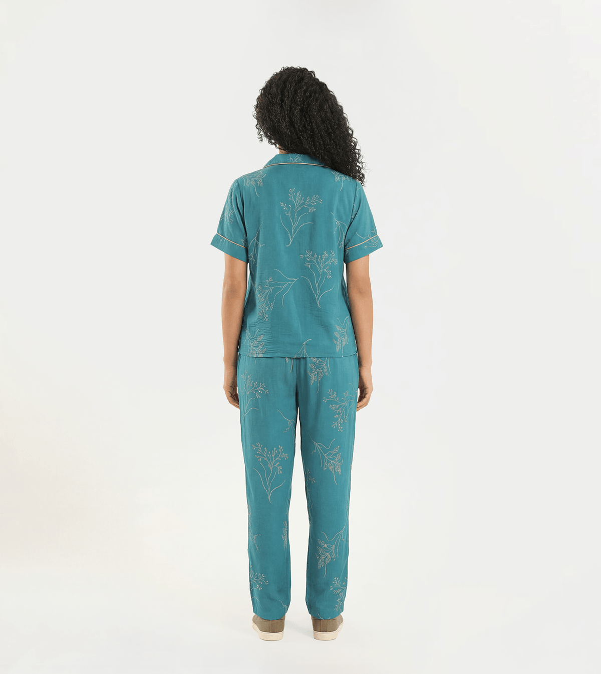 Women Short-Sleeve Top & Long Trousers - Red Cotton