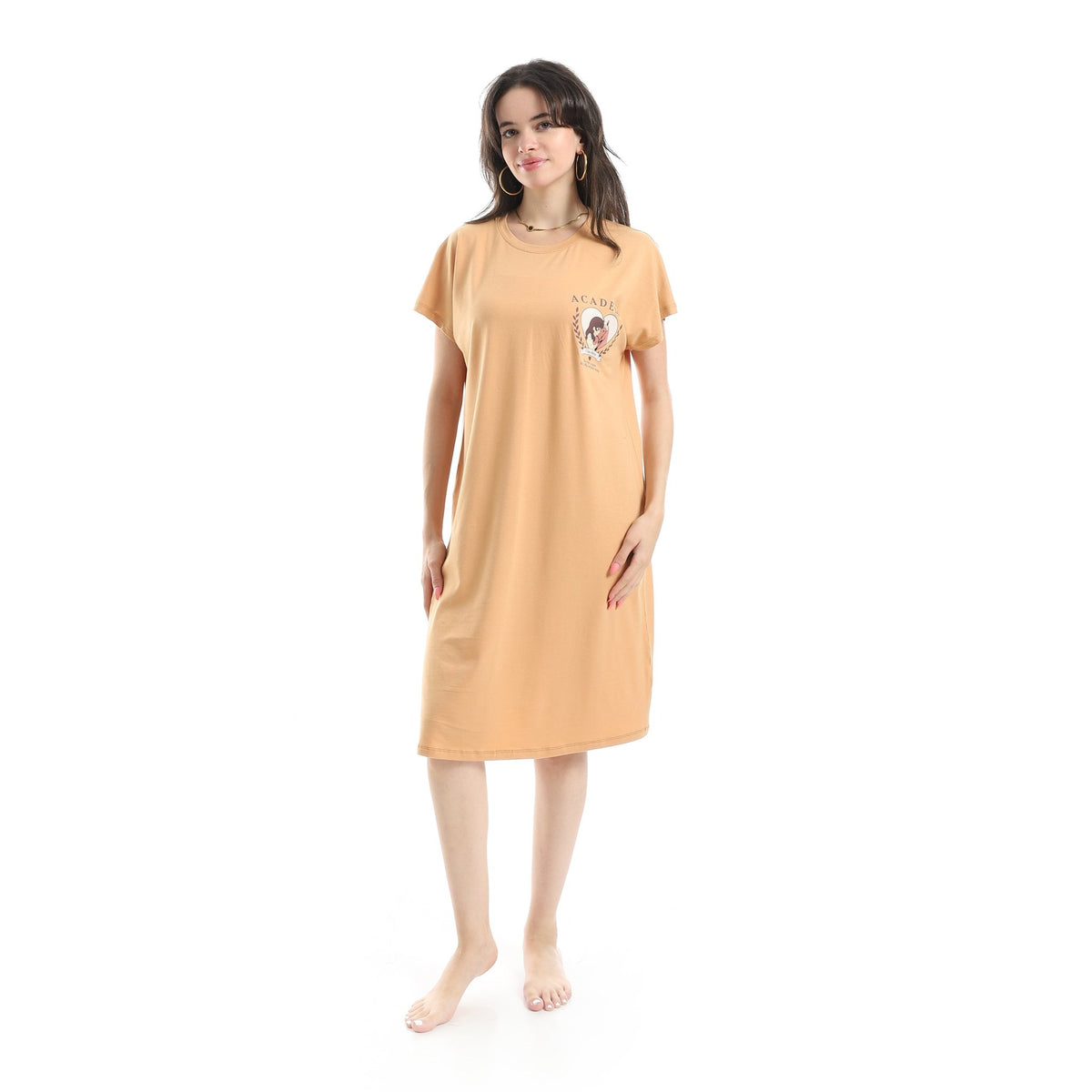 Women’s Beige Short-Sleeve Cotton Nightgown - Red Cotton