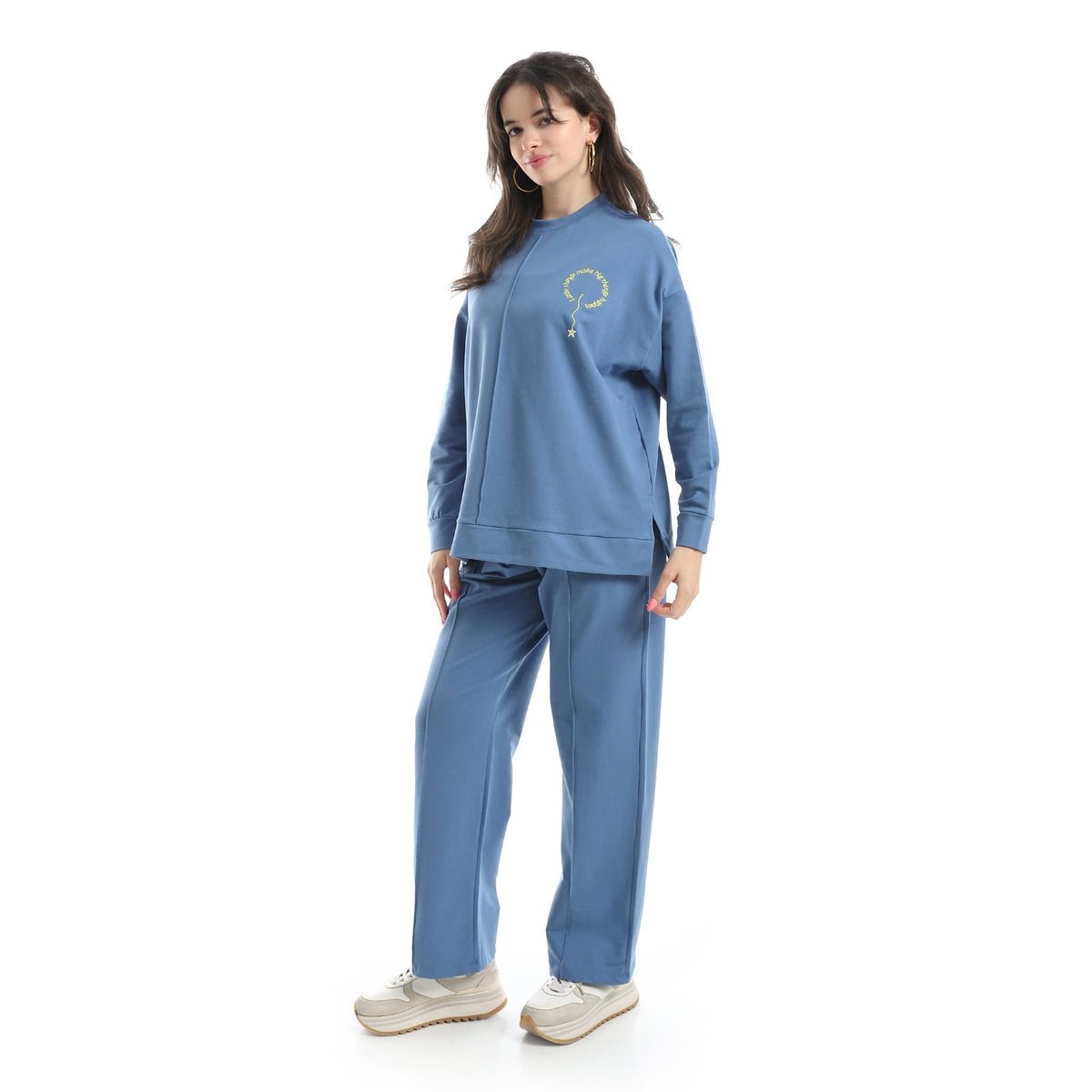 Women’s Blue Embroidered Activewear Set – Sweatshirt & Pants - Red Cotton