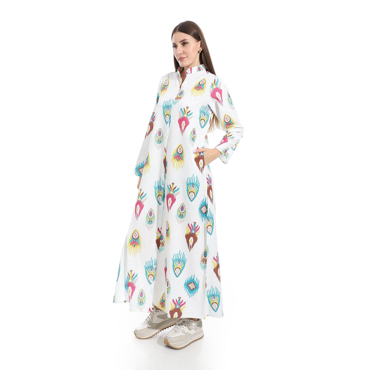 Women’s Bohemian Printed Maxi Shirt Dress - Red Cotton