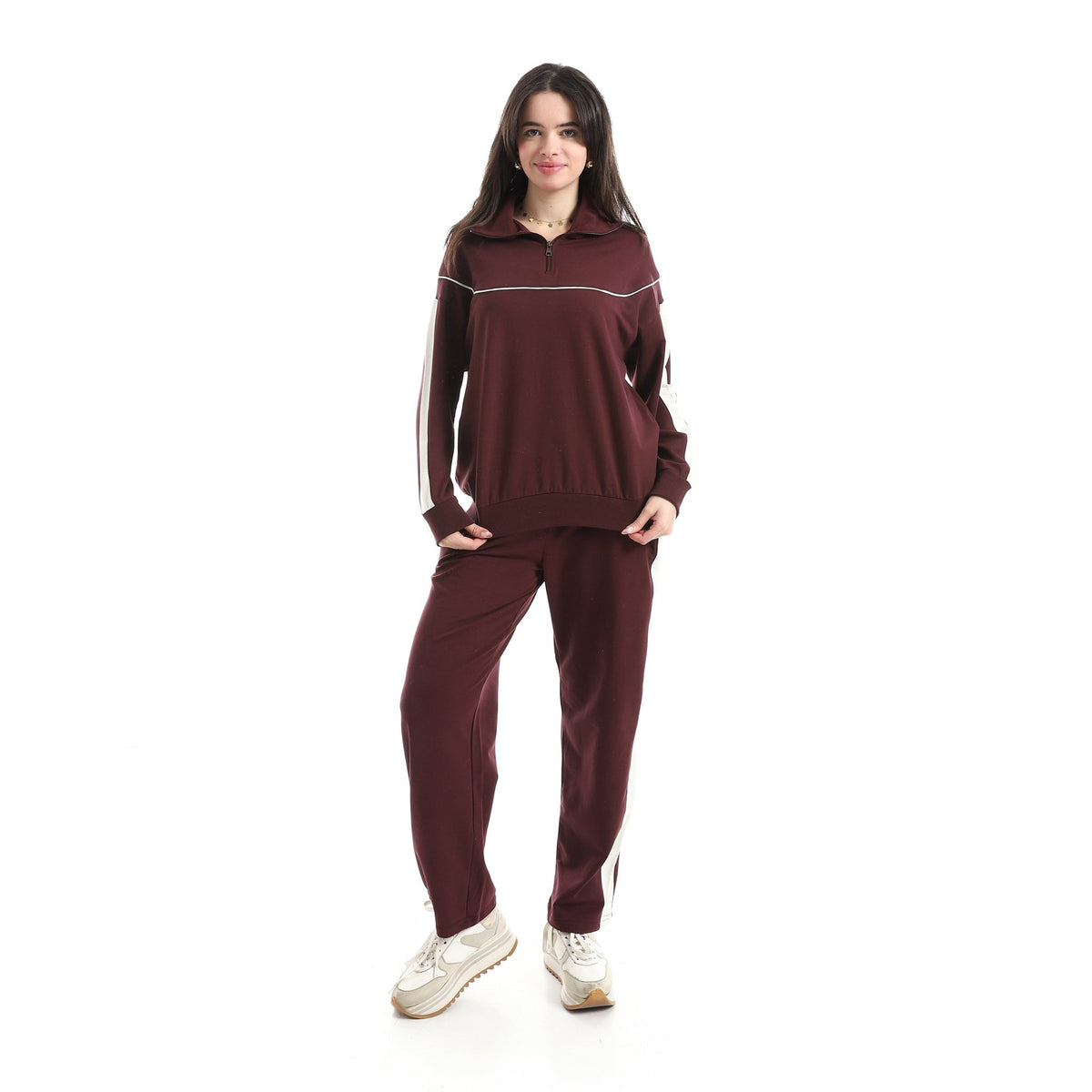 Women's Burgundy Cotton Half-Zip Pyjama Set - Red Cotton