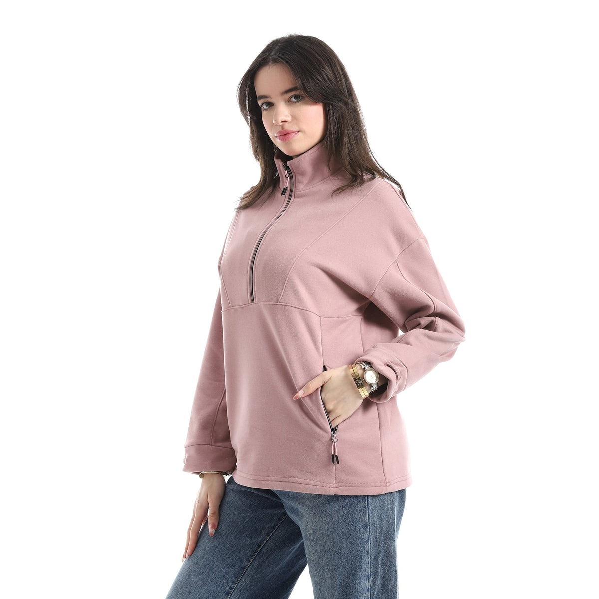 Women’s Half-Zip High Neck Sweatshirt - Red Cotton