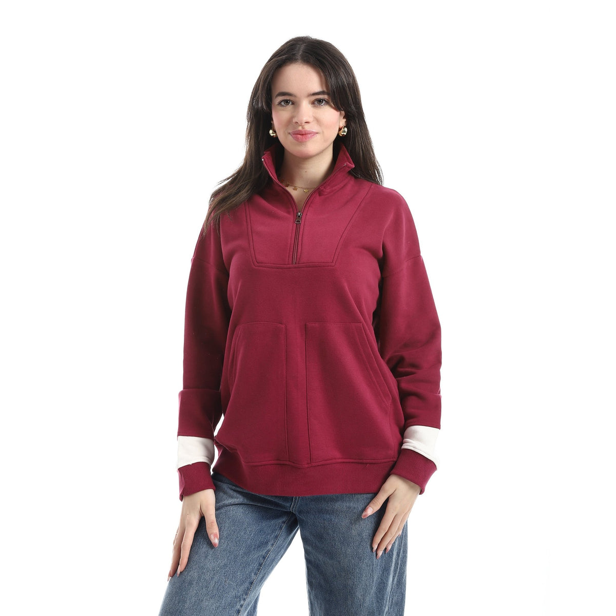 Women’s Half-Zip Sweatshirt with Pocket - Red Cotton