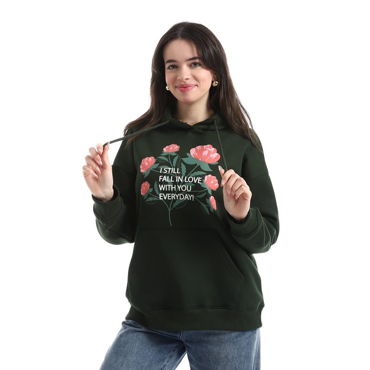 Women’s Hoodie with Floral Print – “I Still Fall in Love with You Everyday” - Red Cotton