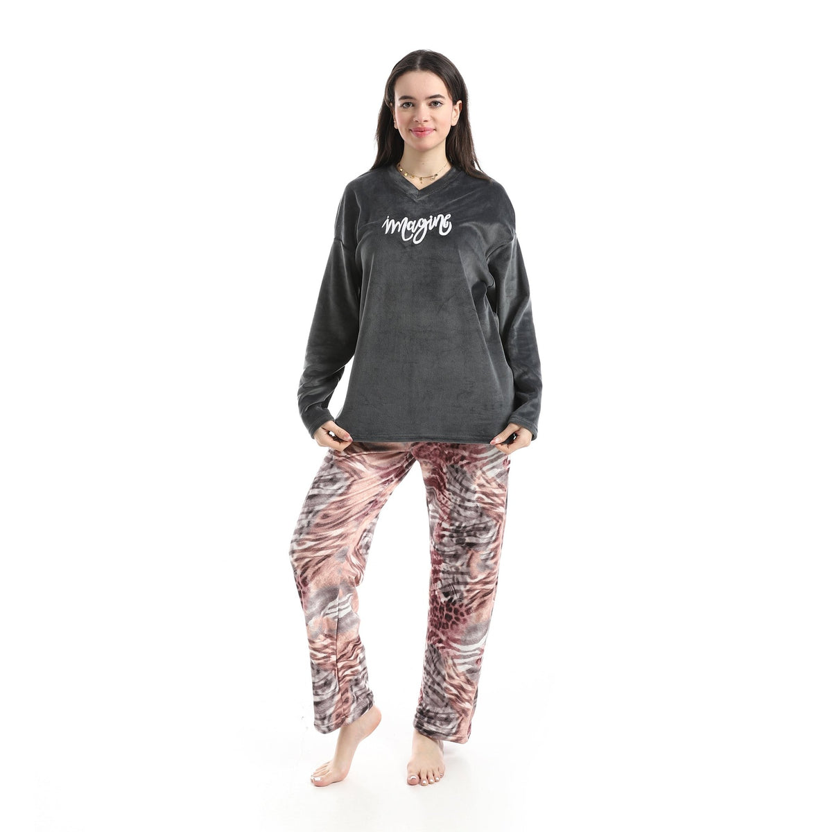 Women's "Imagine" Velvet Two-Piece Pajama Set – Charcoal & Animal Print - Red Cotton