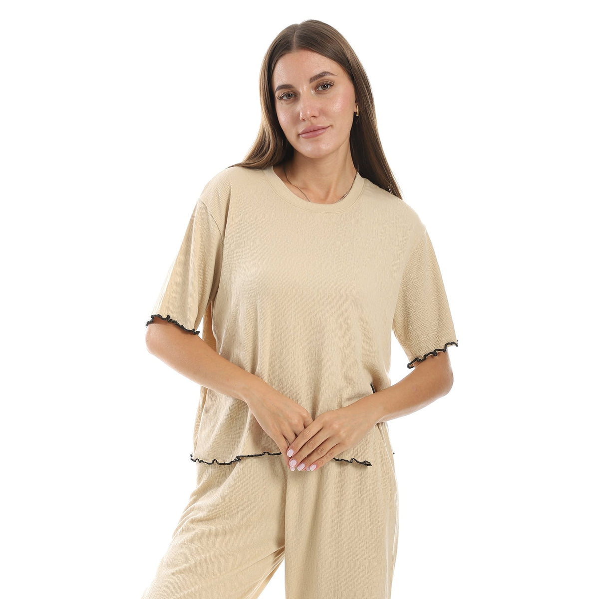 Women’s Jacquard Pajama Set - Beige - Red Cotton