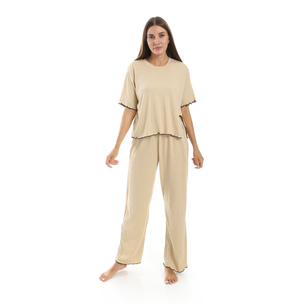 Women’s Jacquard Pajama Set - Beige - Red Cotton