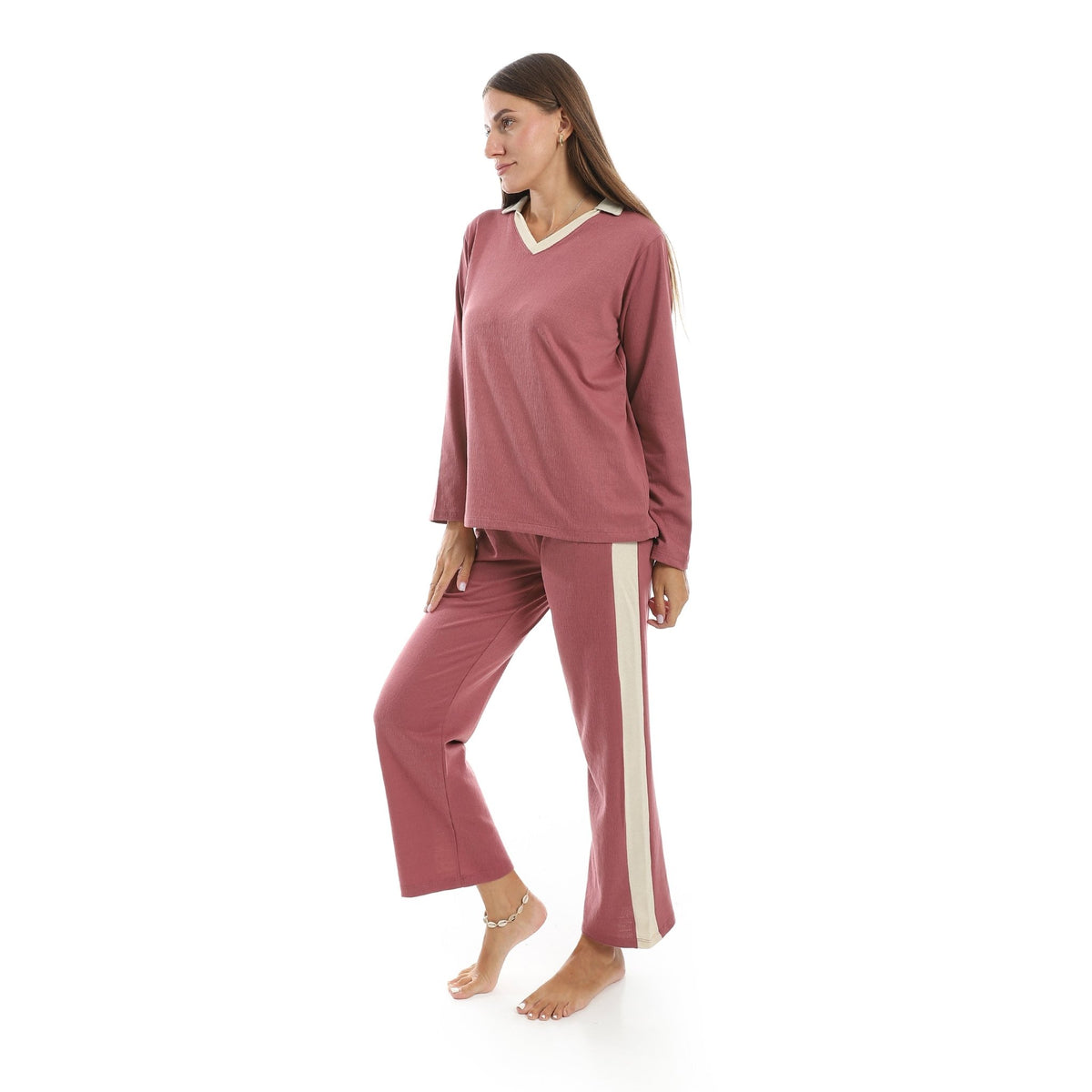 Women’s Jacquard Pajama Set – Long Sleeve Top & Pants with Beige Side Stripe - Red Cotton