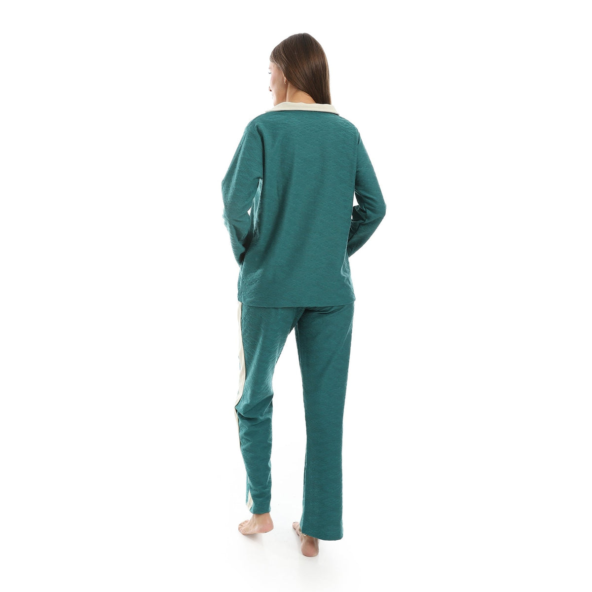 Women’s Jacquard Pajama Set – Long Sleeve Top & Pants with Beige Side Stripe -Ganzari - Red Cotton