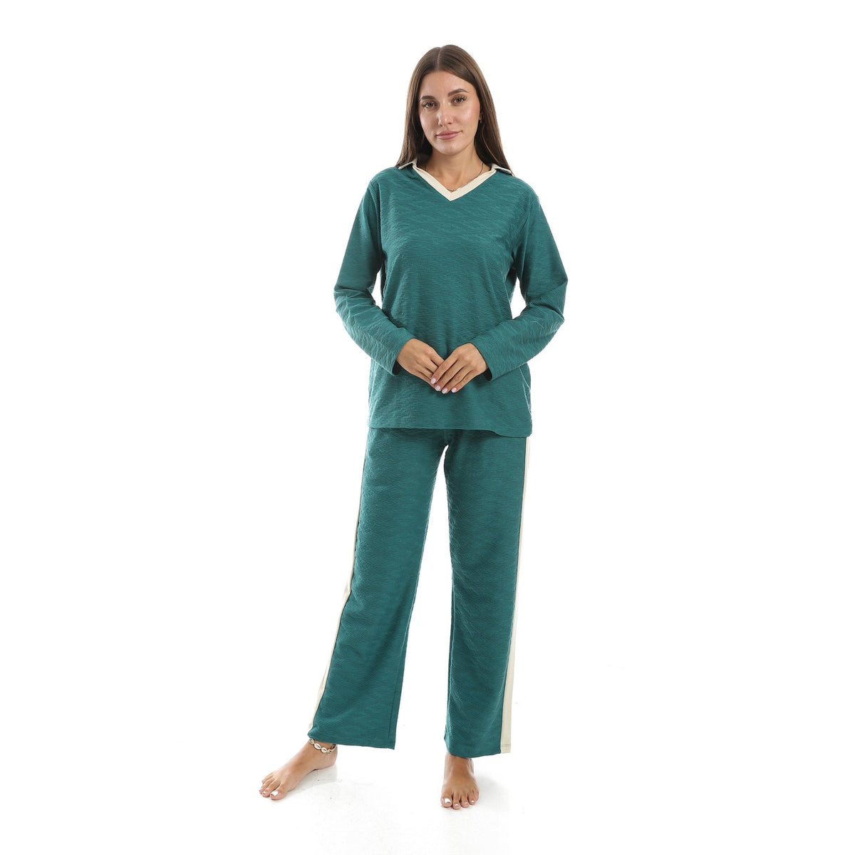 Women’s Jacquard Pajama Set – Long Sleeve Top & Pants with Beige Side Stripe -Ganzari - Red Cotton