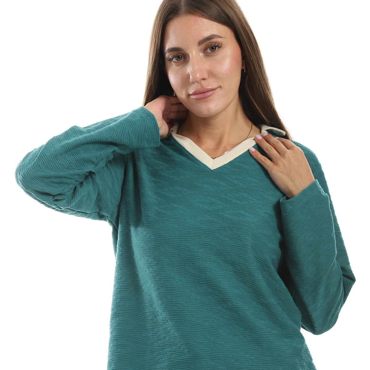 Women’s Jacquard Pajama Set – Long Sleeve Top & Pants with Beige Side Stripe -Ganzari - Red Cotton