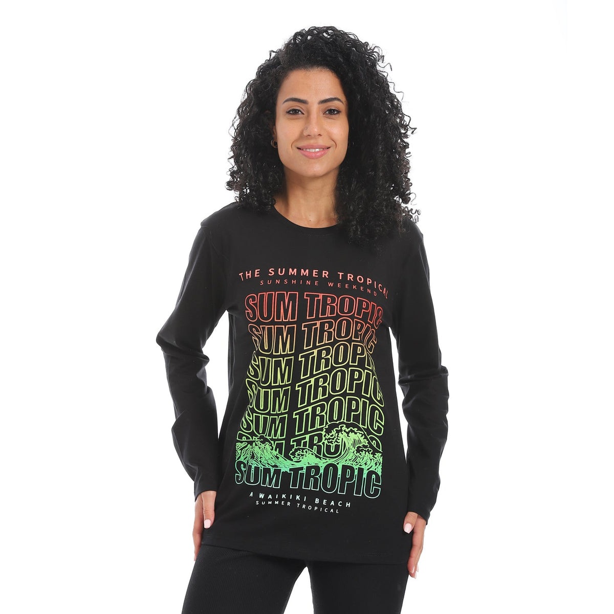Women's Long Sleeve T-Shirt with Summer Tropic Print - Black - Red Cotton