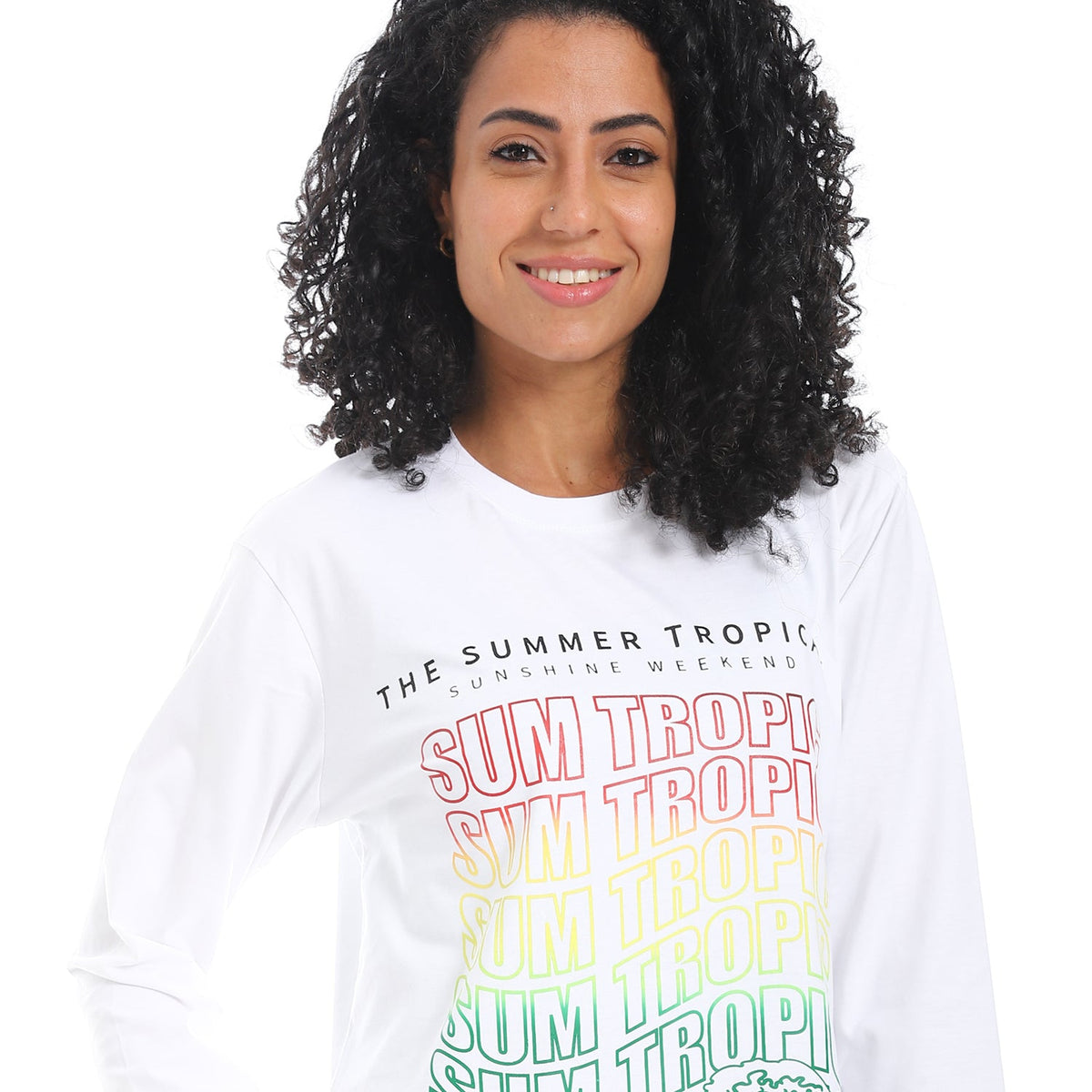 Women's Long Sleeve T-Shirt with Summer Tropic Print - White - Red Cotton
