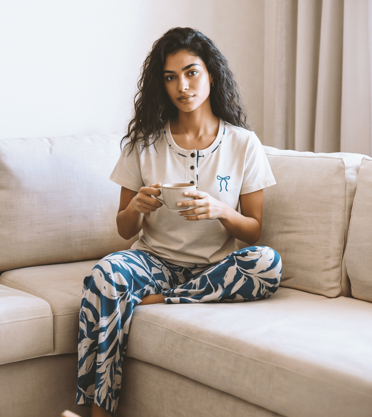 Women's modal pajama set with embroidered pants - Red Cotton