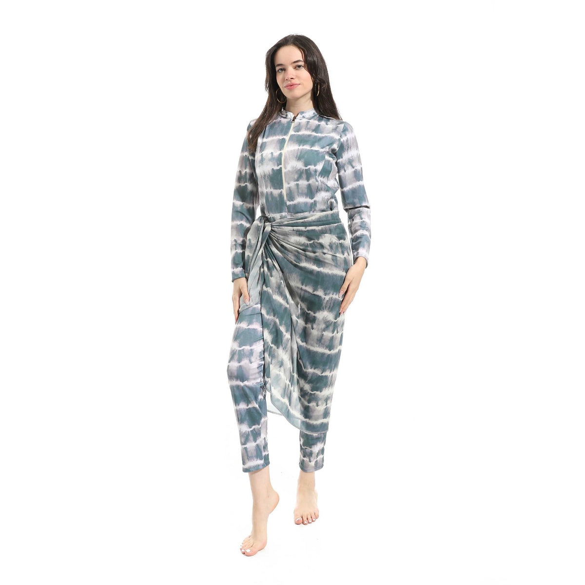 Women's Modest Swimwear Set - Grey Marble - Red Cotton