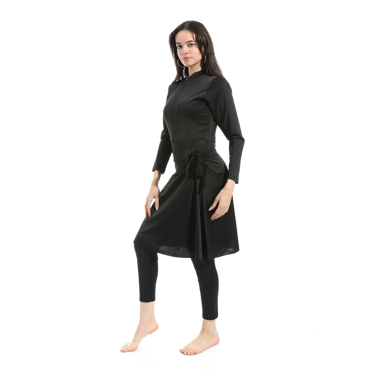 Women's Modest Swimwear Set - Long Sleeve Zip-Up Top with Sarong and Leggings - Black - Red Cotton