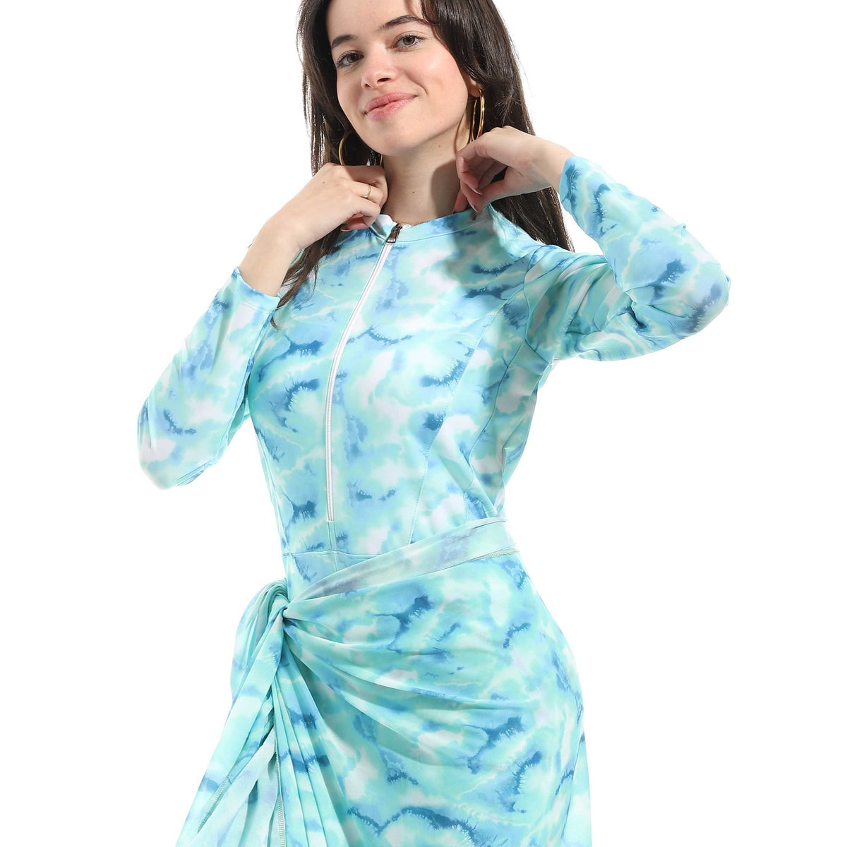 Women's Modest Swimwear Set - Long Sleeve Zip-Up Top with Sarong and Leggings (Blue Marble ) - Red Cotton