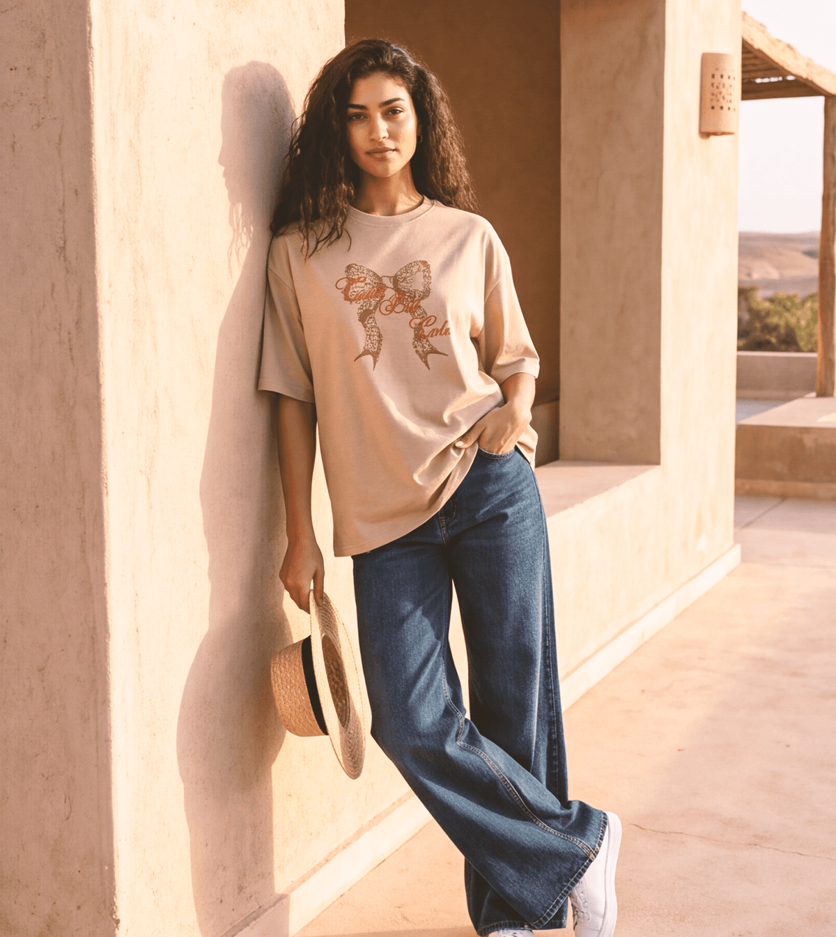 Women’s Oversized Short Sleeve T-Shirt with Front Print – Beige - Red Cotton