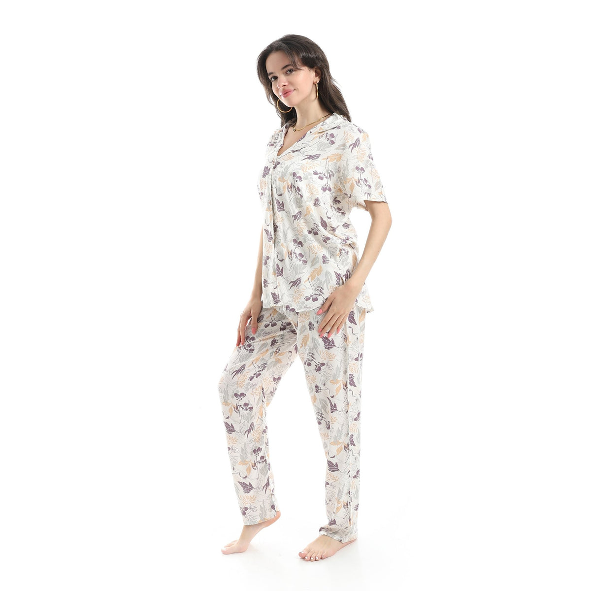 Women's Pajama Set With Short Sleeves and Pants With Colorful Flowers - Red Cotton