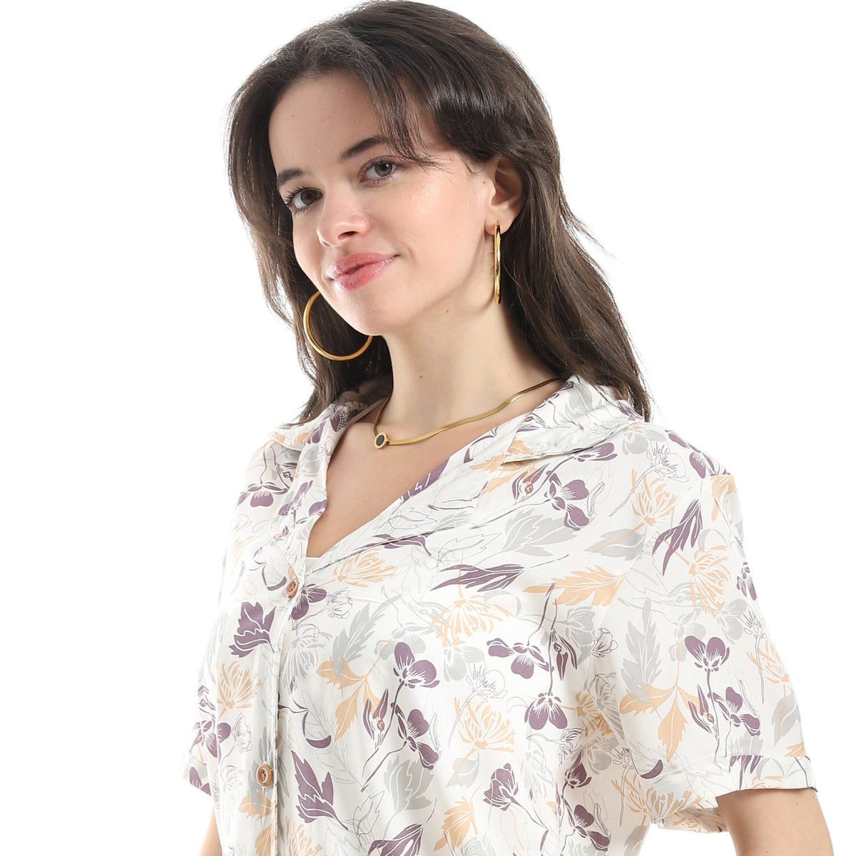 Women's Pajama Set With Short Sleeves and Pants With Colorful Flowers - Red Cotton