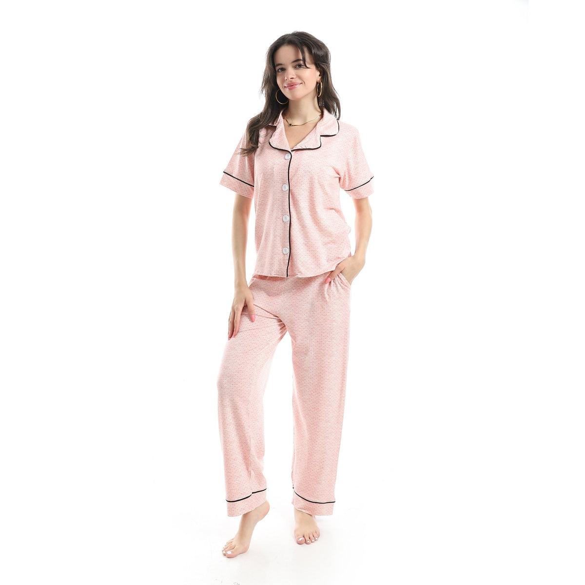 Women’s Pink Button-Down Pajama Set with Black Piping - Red Cotton