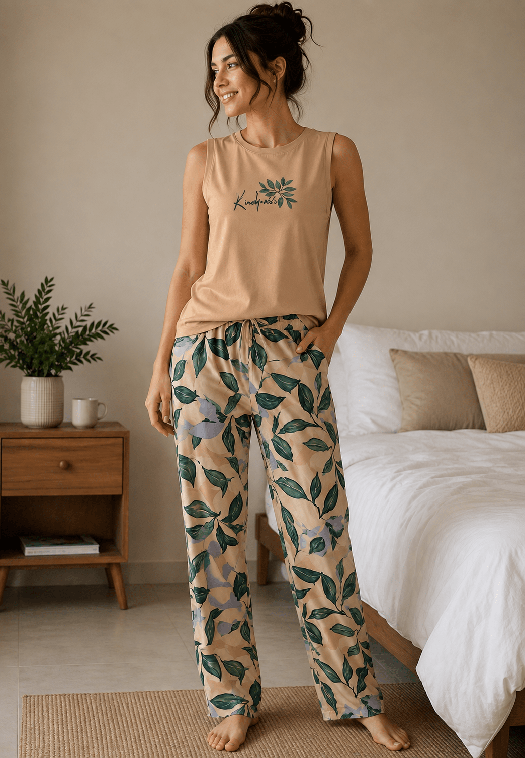 Women's Printed Sleeveless Summer Pajama Pants Set - Red Cotton