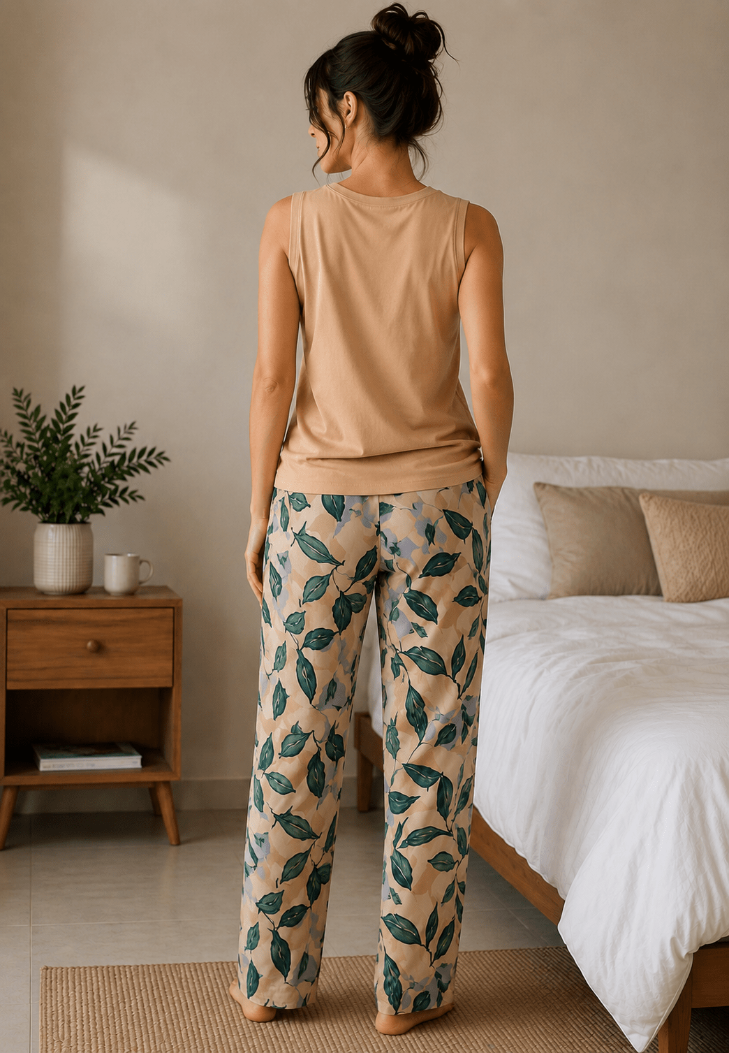 Women's Printed Sleeveless Summer Pajama Pants Set - Red Cotton
