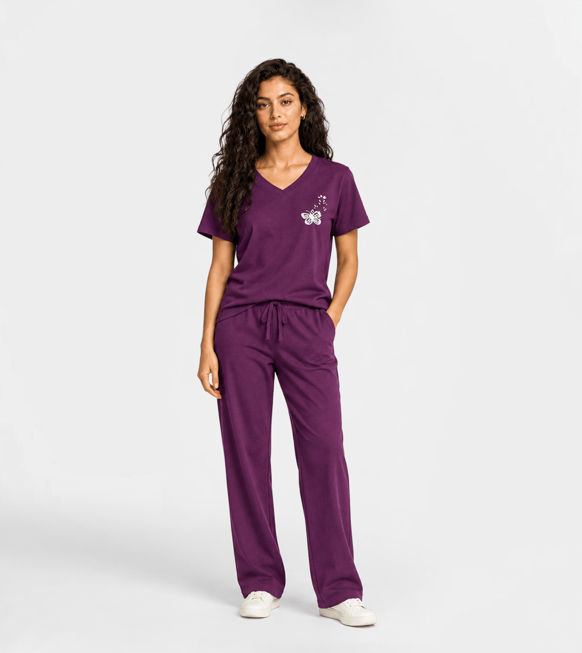 Women's Short-Sleeve Pajama Set with Pants - Red Cotton