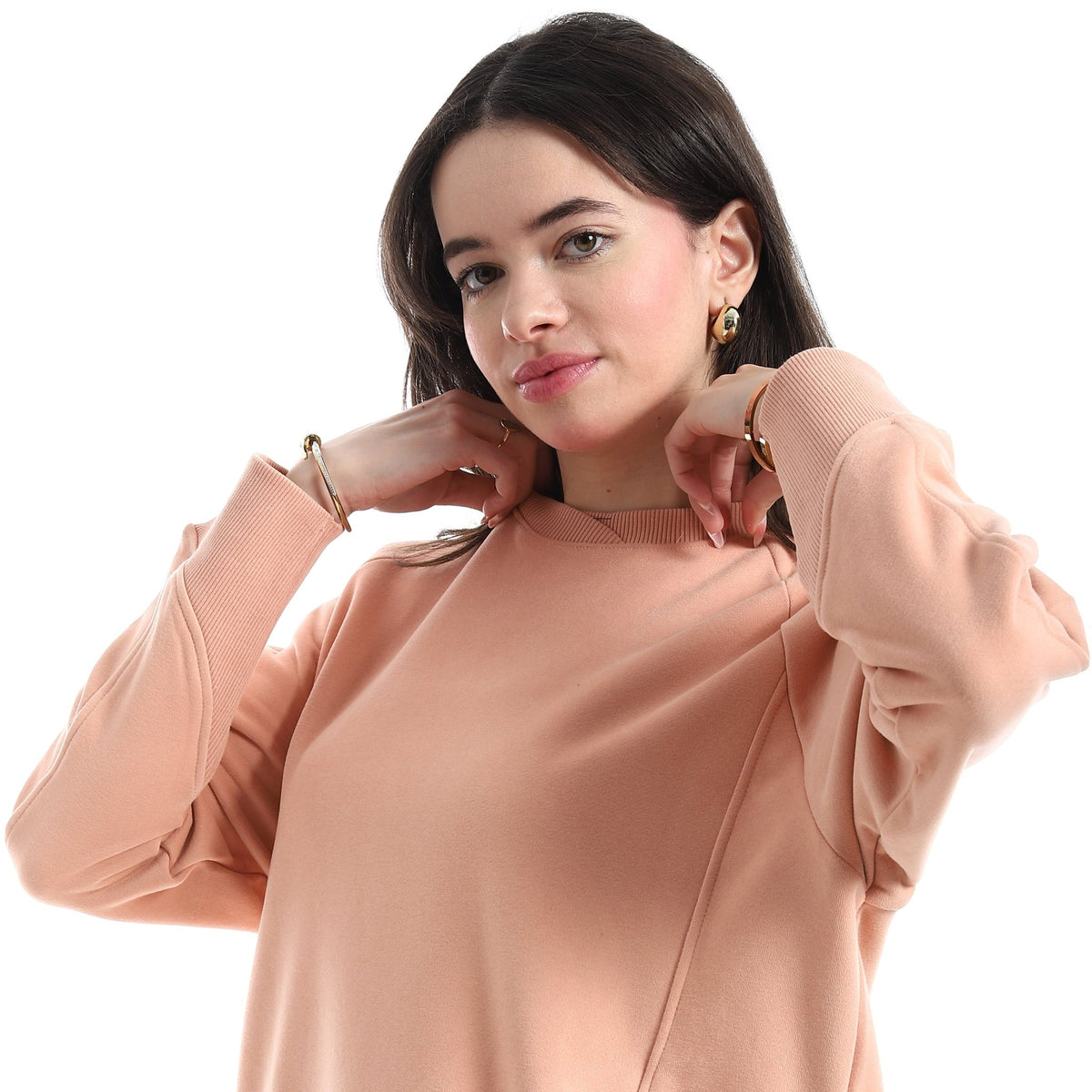 Women’s Soft Peach Crewneck Sweatshirt with Side Pockets - Red Cotton