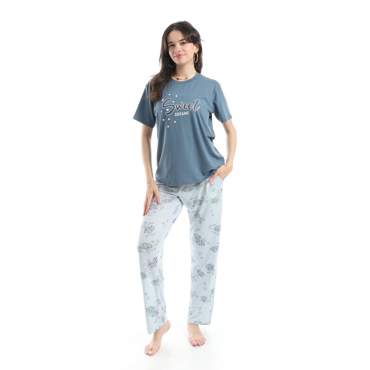 Women's Summer Pajama - Floral Pants - Indigo - Red Cotton