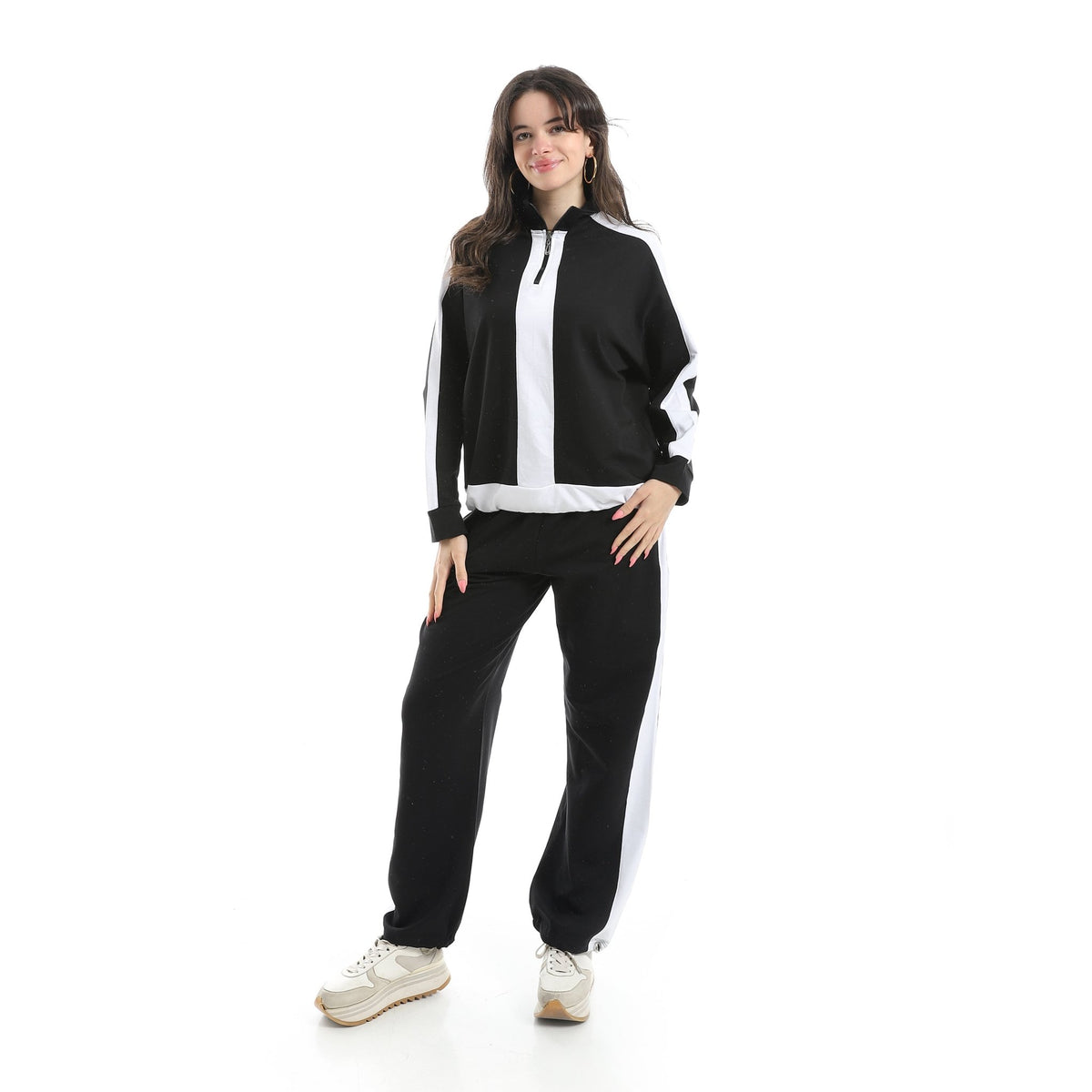 Women's Two-Tone Zip-Up Tracksuit – Black & White - Red Cotton